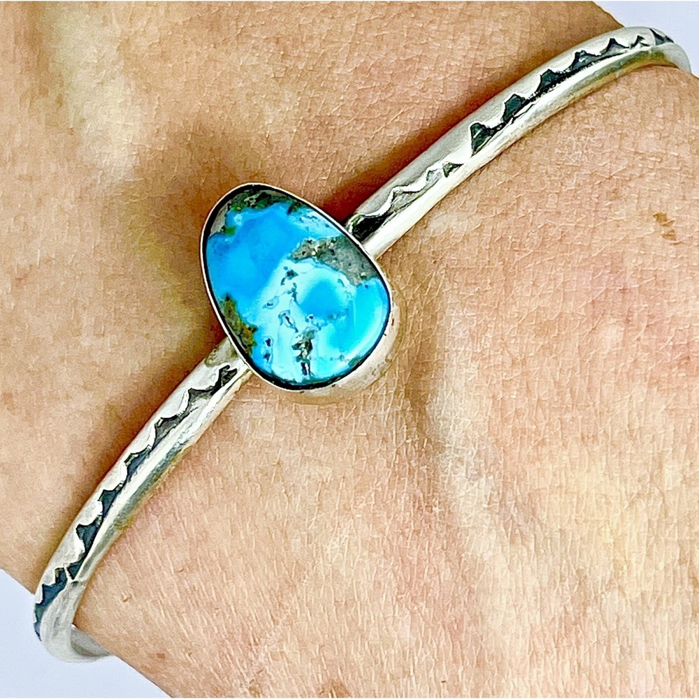 Sonoran Gold Turquoise Navajo Hand Stamped Cuff Bracelet 6.5in Tahe 7g Stacker